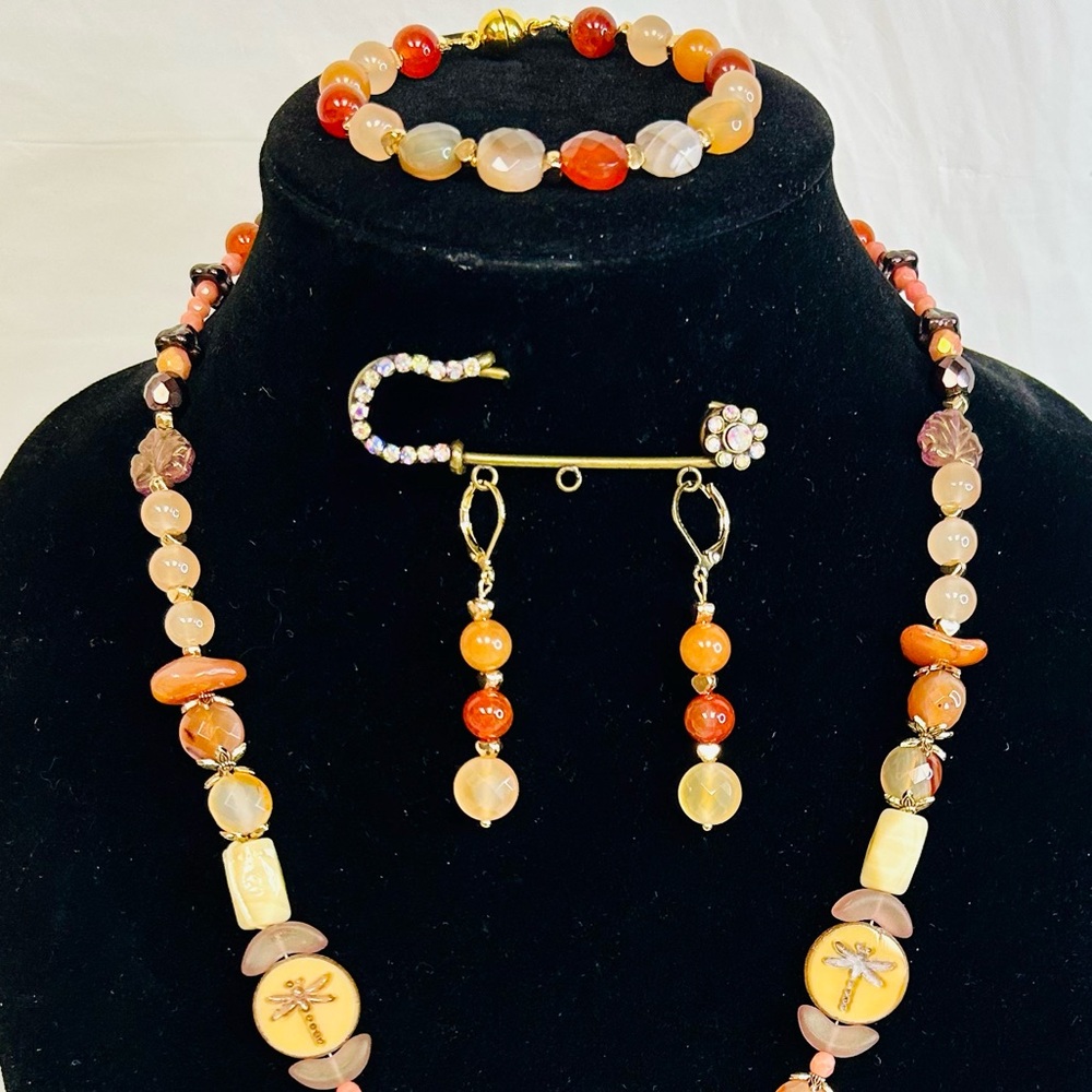 Dragonfly 3pc. Jewelry Set - Carnelian Agate, Faceted Peacock Agate, Peach Glass - Picture 9 of 9